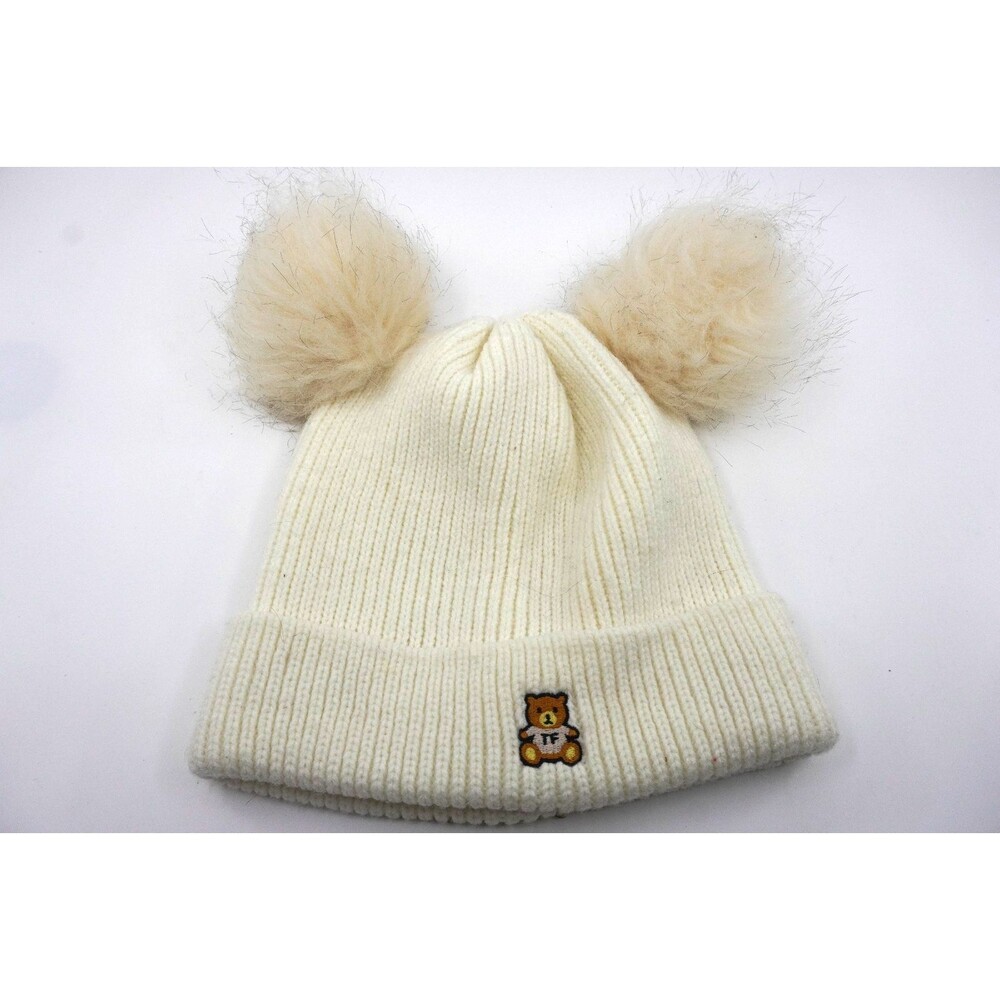 Teddy Fresh White Knit Beanie Hat Acrylic with Faux Fur Poms & Teddy Bear